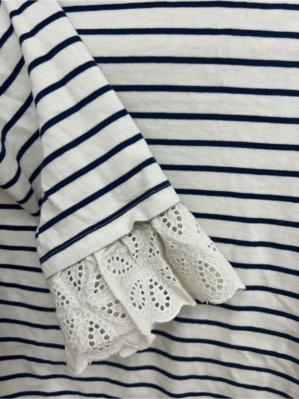J. Crew White and Navy Striped Long-Sleeve Top with Lace Cuffs